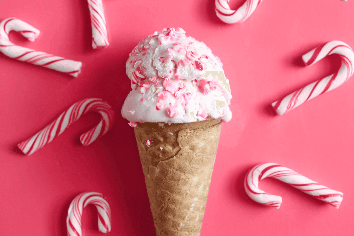 vegan pink ice cream with candy decorations
